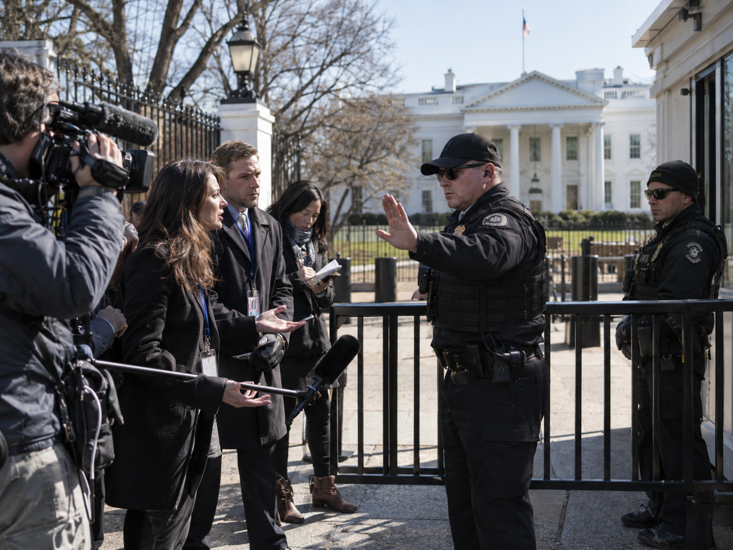Representación editorial de periodistas ante un punto de seguridad de la Casa Blanca