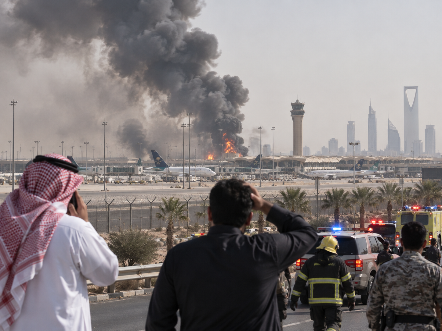 Representación editorial de humo y llamas cerca del aeropuerto de Riad