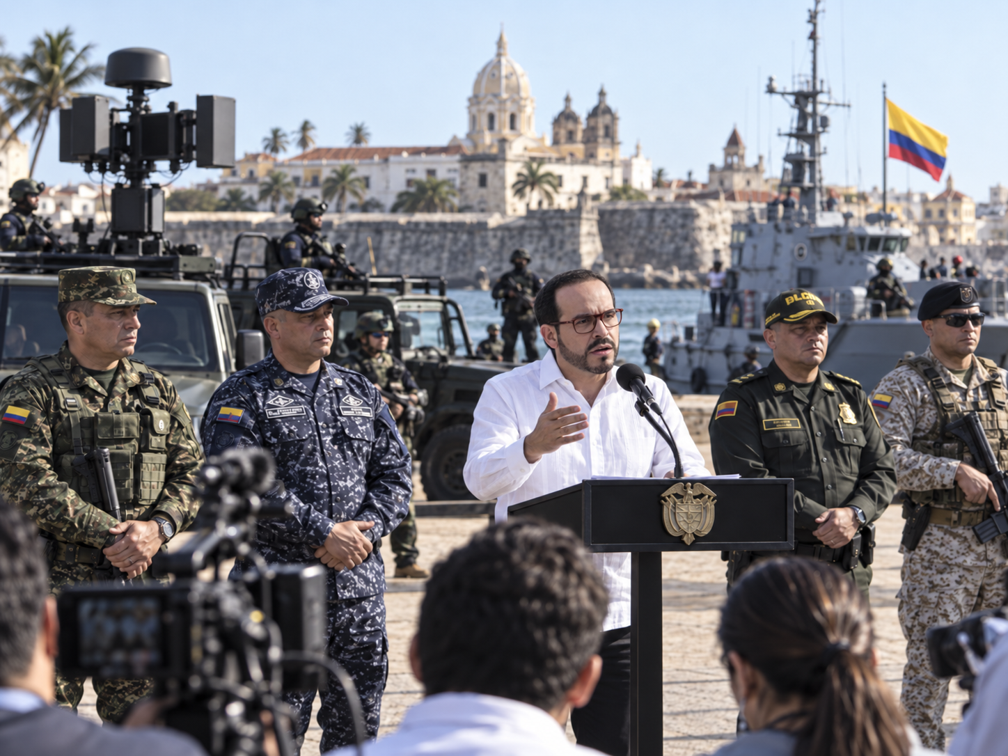 Representación editorial de una rueda de prensa sobre seguridad del gobierno de Abelardo de la Espriella en Cartagena