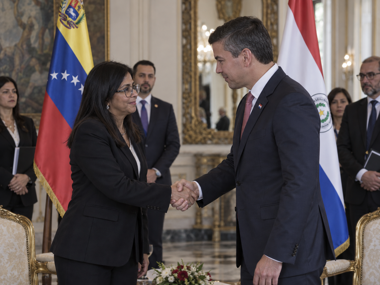 Representación editorial del encuentro entre Delcy Rodríguez y Santiago Peña