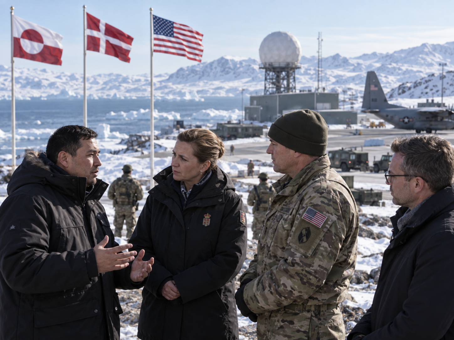 Representación editorial de cooperación de seguridad entre Groenlandia, Dinamarca y Estados Unidos