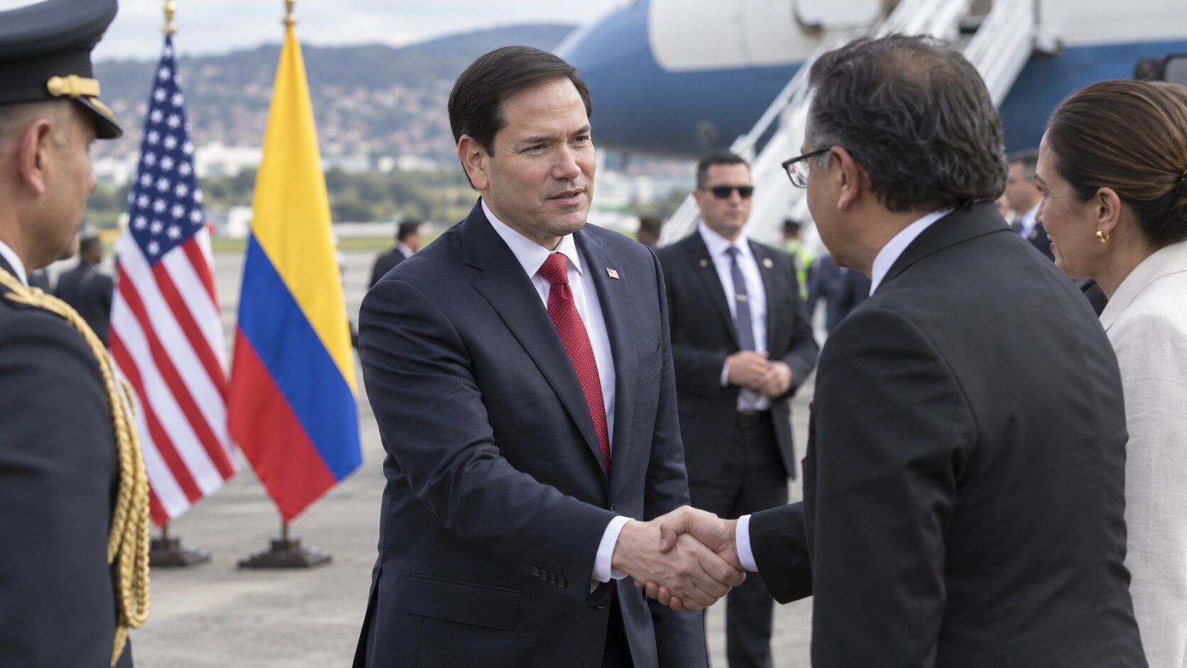 Marco Rubio es recibido por funcionarios colombianos durante una visita diplomática