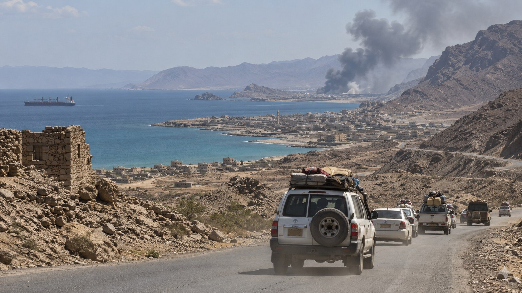 Carretera costera de Yemen con humo a la distancia