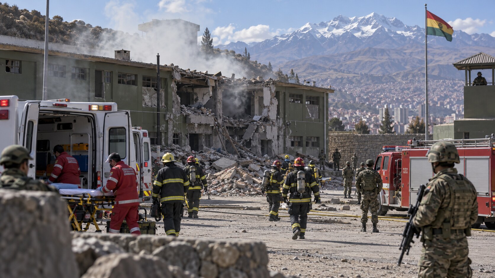 Equipos de emergencia frente a un cuartel dañado cerca de La Paz
