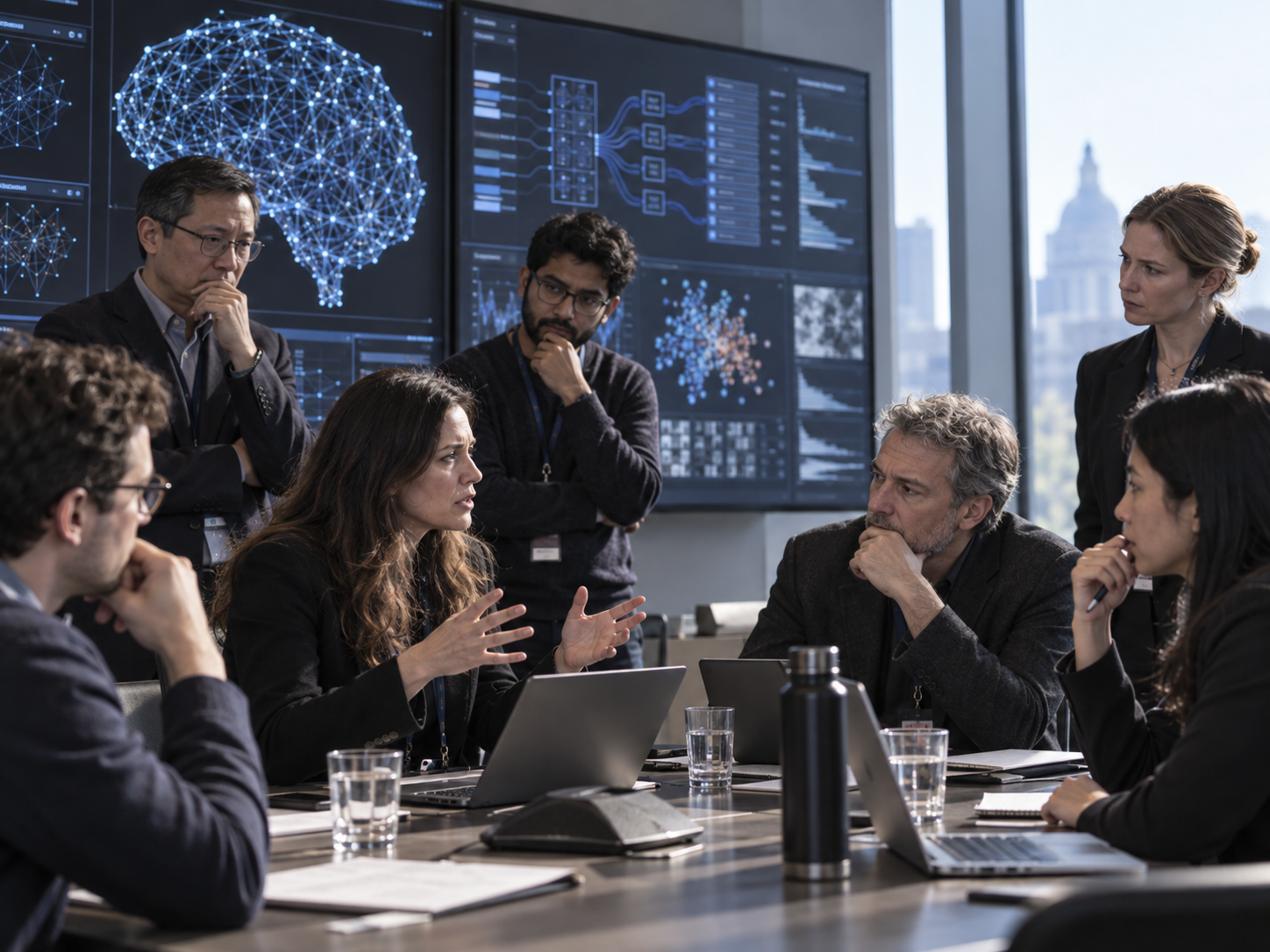 Representación editorial de expertos debatiendo seguridad y control de inteligencia artificial