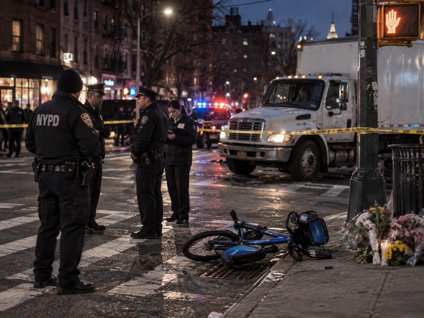 Representación editorial del lugar de un accidente de bicicleta y camión en East Village