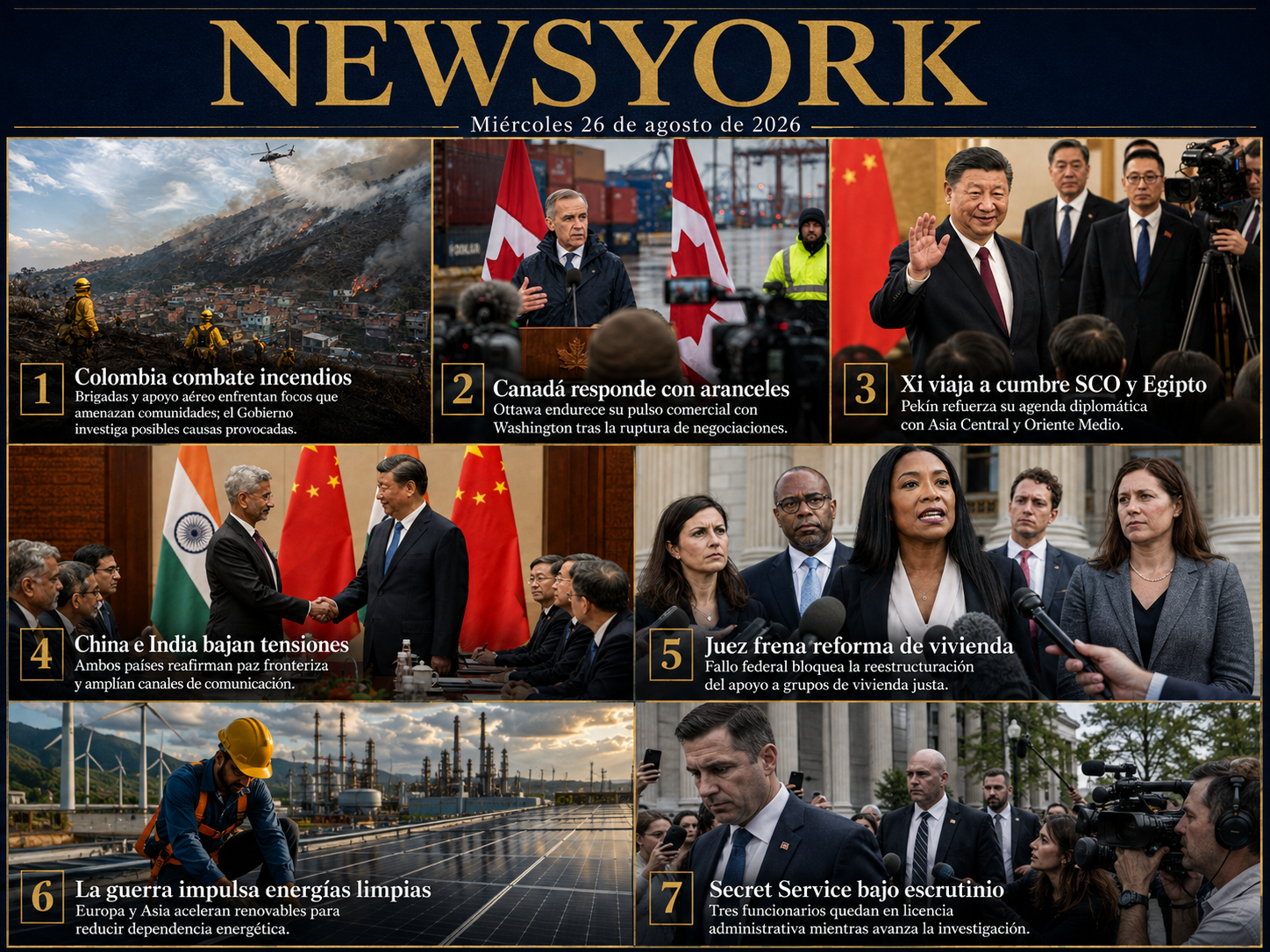 Collage de las siete noticias de NewsYork del 26 de agosto de 2026