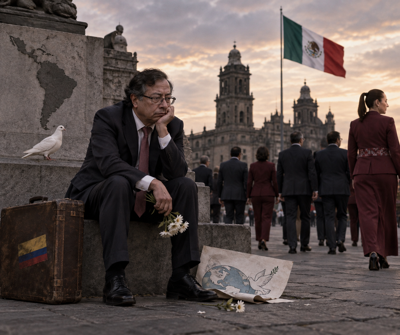 Ilustración editorial alegórica sobre Gustavo Petro en México