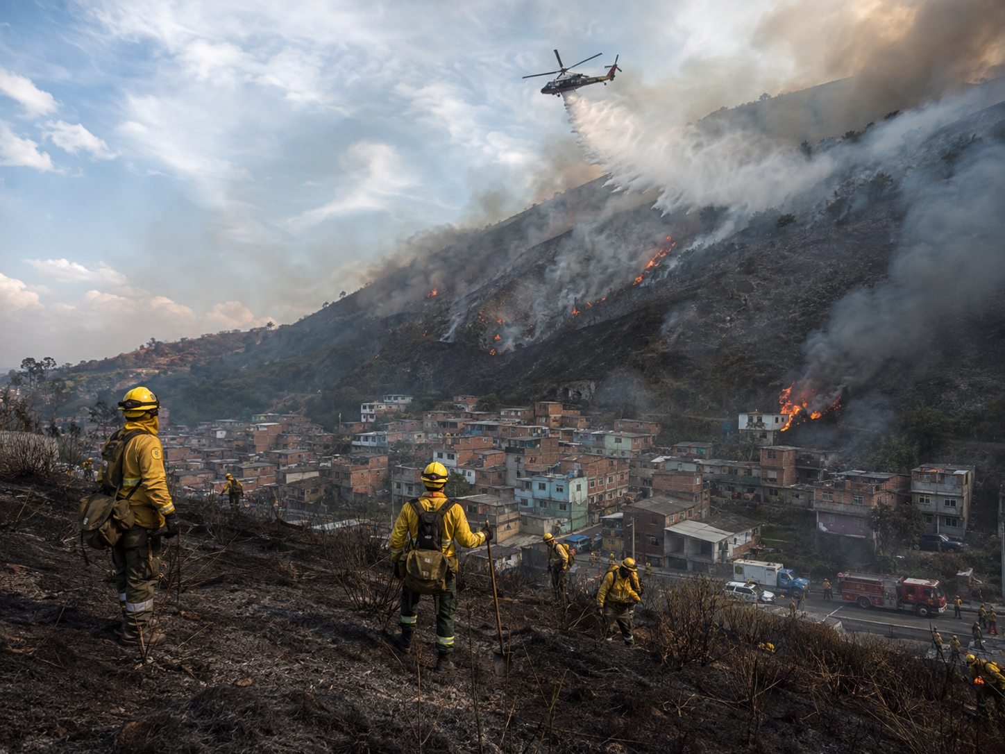 Incendio forestal en ladera sobre una comunidad, con bomberos y helicóptero descargando agua