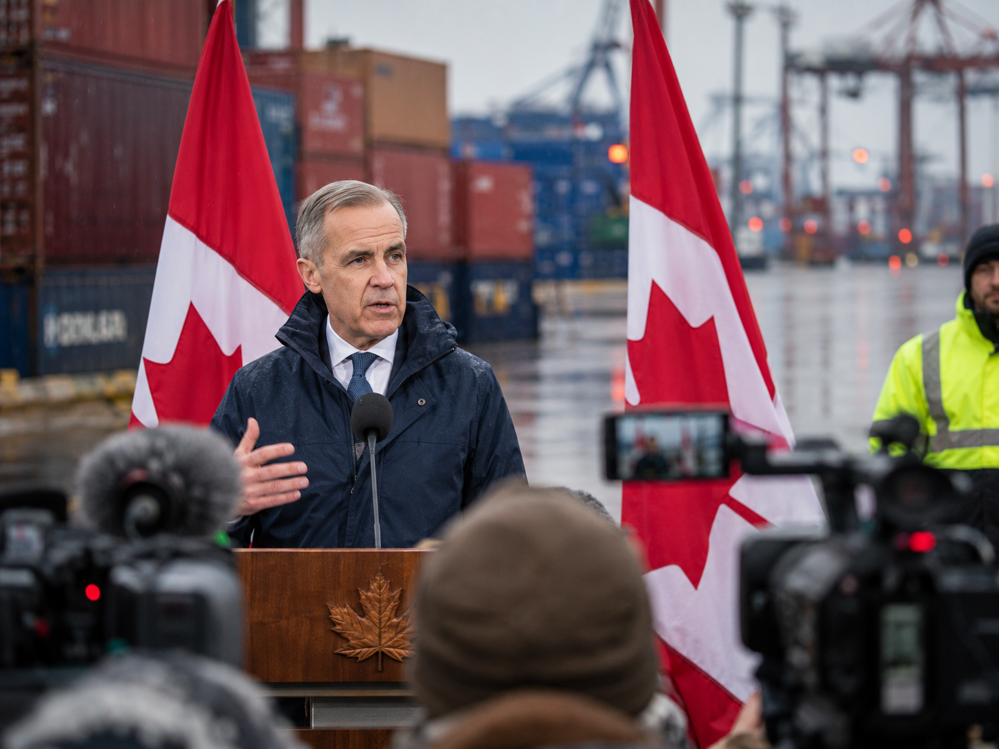 Funcionario canadiense habla ante la prensa en un puerto con banderas de Canadá