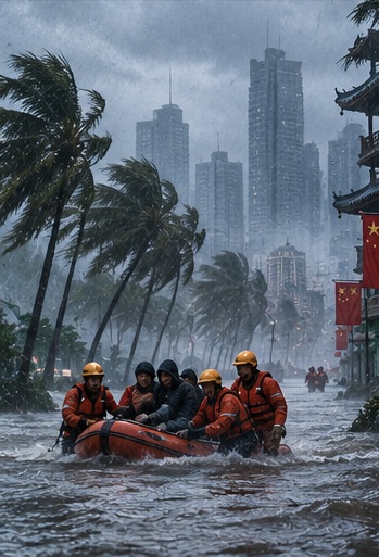 Ilustración editorial original de NewsYork sobre inundaciones y rescates durante un tifón en China.