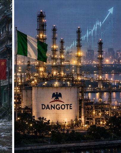 Ilustración editorial original de NewsYork sobre una gran refinería nigeriana y los mercados financieros.