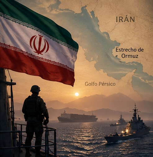 Ilustración editorial original de NewsYork sobre Irán, navegación y el Golfo Pérsico.