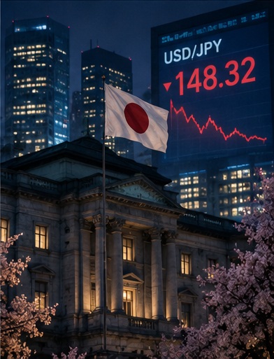Ilustración editorial original de NewsYork sobre el yen japonés y los mercados financieros de Tokio.