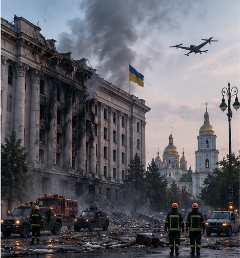 Ilustración editorial original de NewsYork sobre un ataque contra un edificio gubernamental en Kyiv.