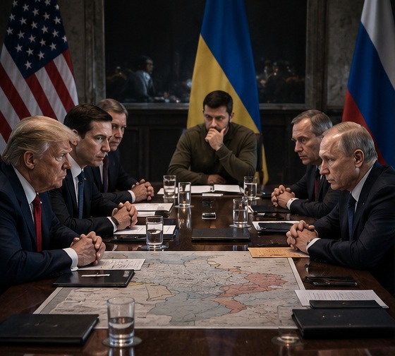 Ilustración editorial original de NewsYork sobre diplomacia entre Estados Unidos, Ucrania y Rusia.